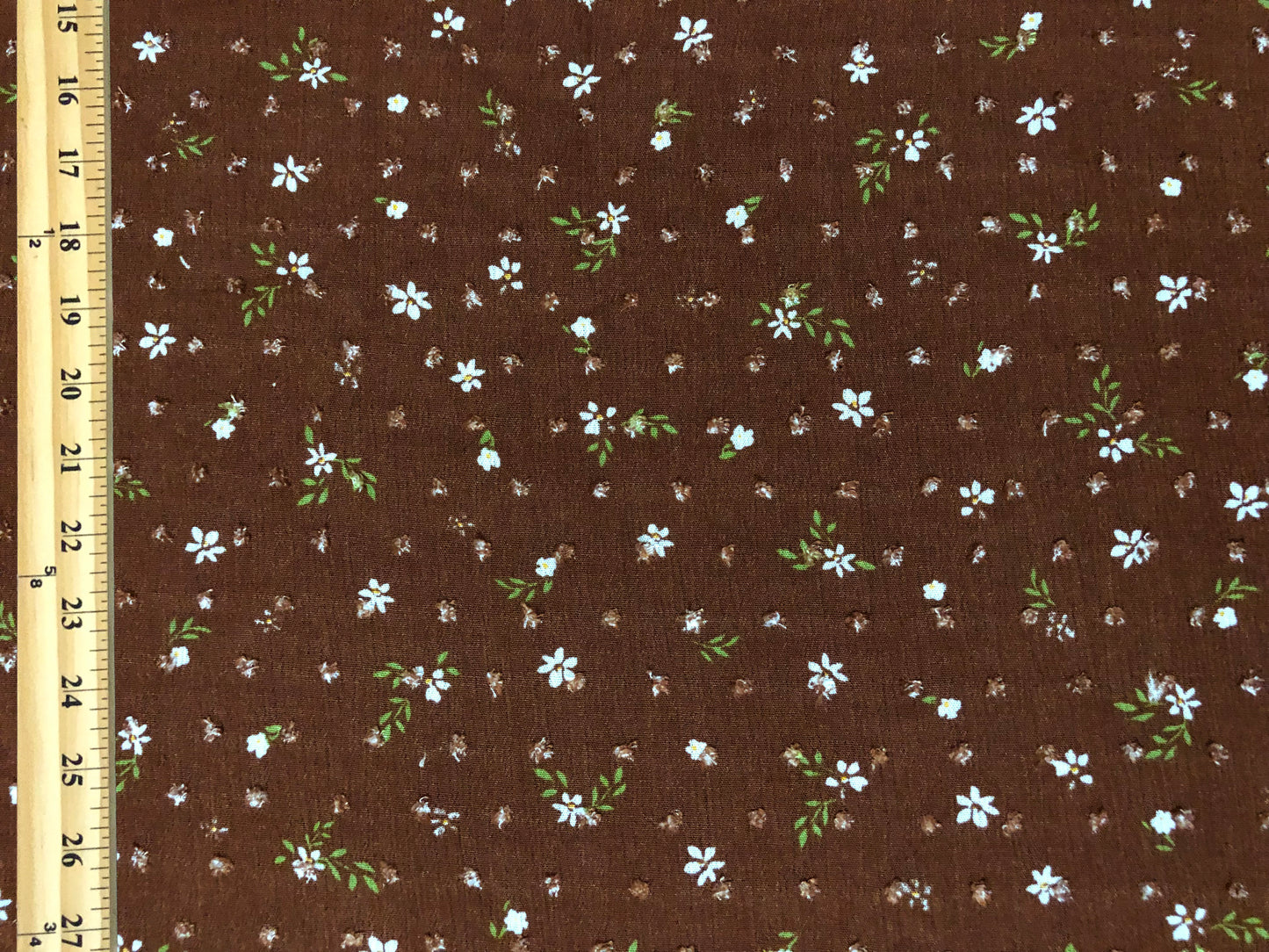 Rayon Gauze Swiss Dot Printed Fabric-Caramel Brown 1/2' White Flowers-RGzPR007-Sold by the Yard