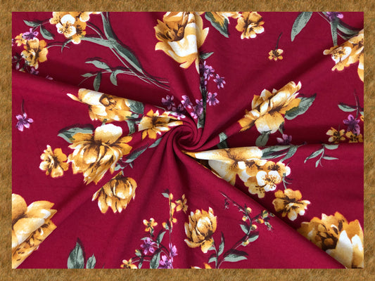 Techno Crepe Printed Fabric-Burgundy Gold Flowers-TCRP023-Sold by the Yard