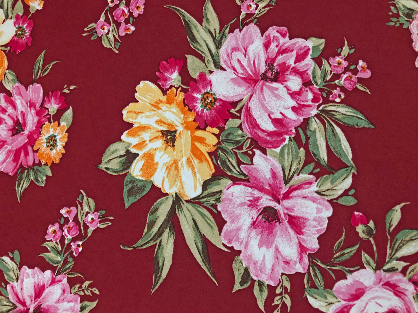 Burgundy Pink Gold Yellow Flowers Techno Crepe Print Fabric