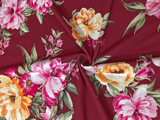 Burgundy Pink Gold Yellow Flowers Techno Crepe Print Fabric