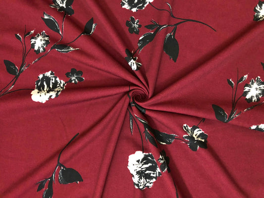 Techno Crepe Printed Fabric| Burgundy Black White Shadowed Roses |TCRP0110 |Sold by the Yard