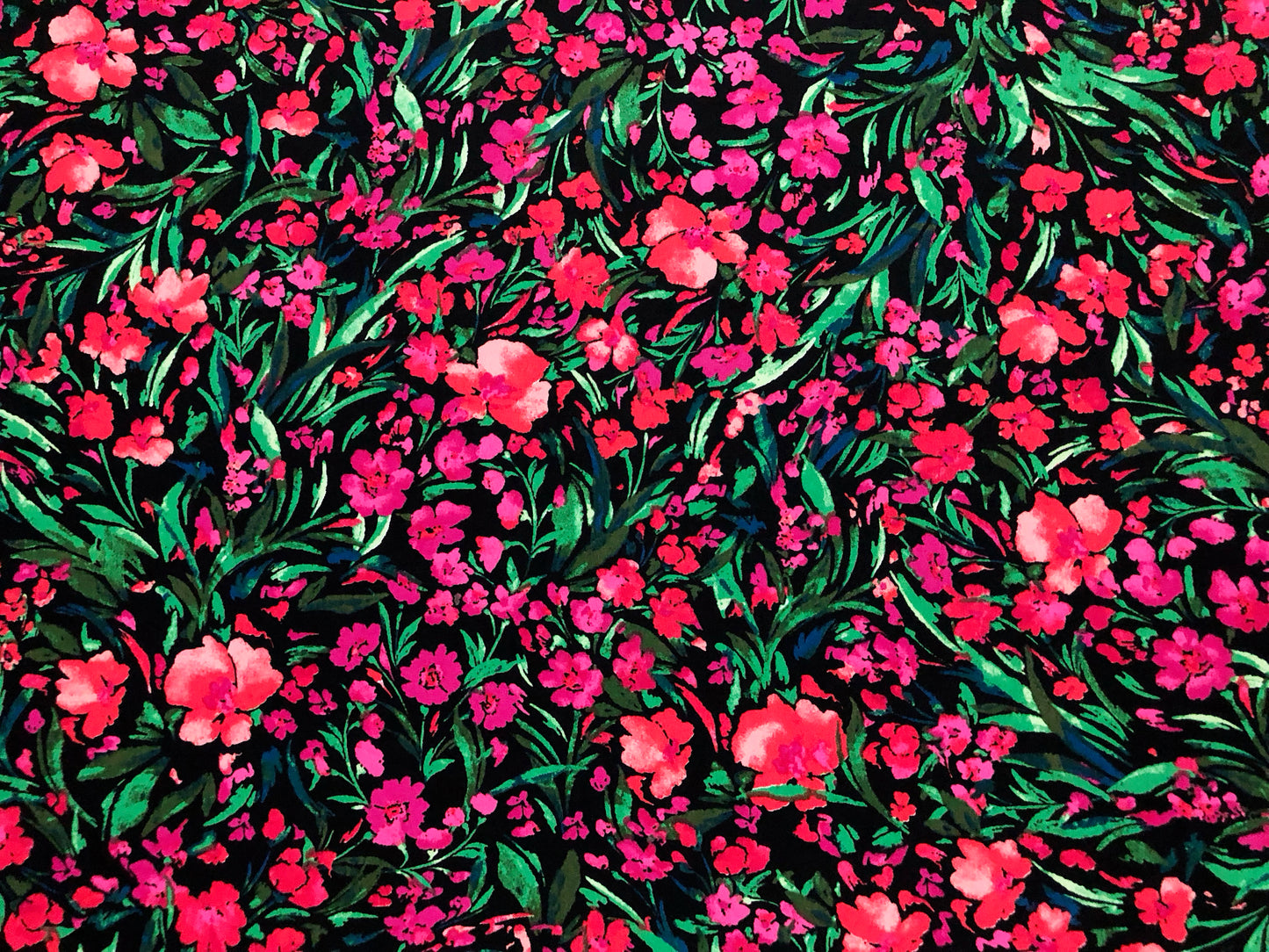 Flowy Textured Crepe Fabric – Midnight Fuchsia Garden (Black/Hot Pink/Coral/Green) – 100% Polyester, No Stretch, 58" Wide – By the Yard (PCRPR01)