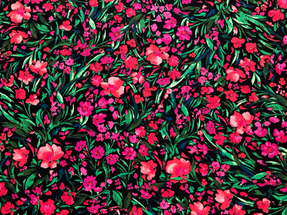 Flowy Textured Crepe Fabric – Midnight Fuchsia Garden (Black/Hot Pink/Coral/Green) – 100% Polyester, No Stretch, 58" Wide – By the Yard (PCRPR01)
