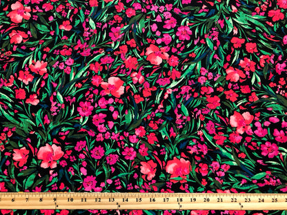 Flowy Textured Crepe Fabric – Midnight Fuchsia Garden (Black/Hot Pink/Coral/Green) – 100% Polyester, No Stretch, 58" Wide – By the Yard (PCRPR01)