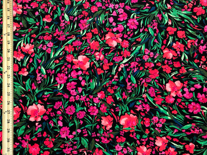 Flowy Textured Crepe Fabric – Midnight Fuchsia Garden (Black/Hot Pink/Coral/Green) – 100% Polyester, No Stretch, 58" Wide – By the Yard (PCRPR01)