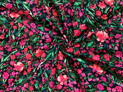 Flowy Textured Crepe Fabric – Midnight Fuchsia Garden (Black/Hot Pink/Coral/Green) – 100% Polyester, No Stretch, 58" Wide – By the Yard (PCRPR01)