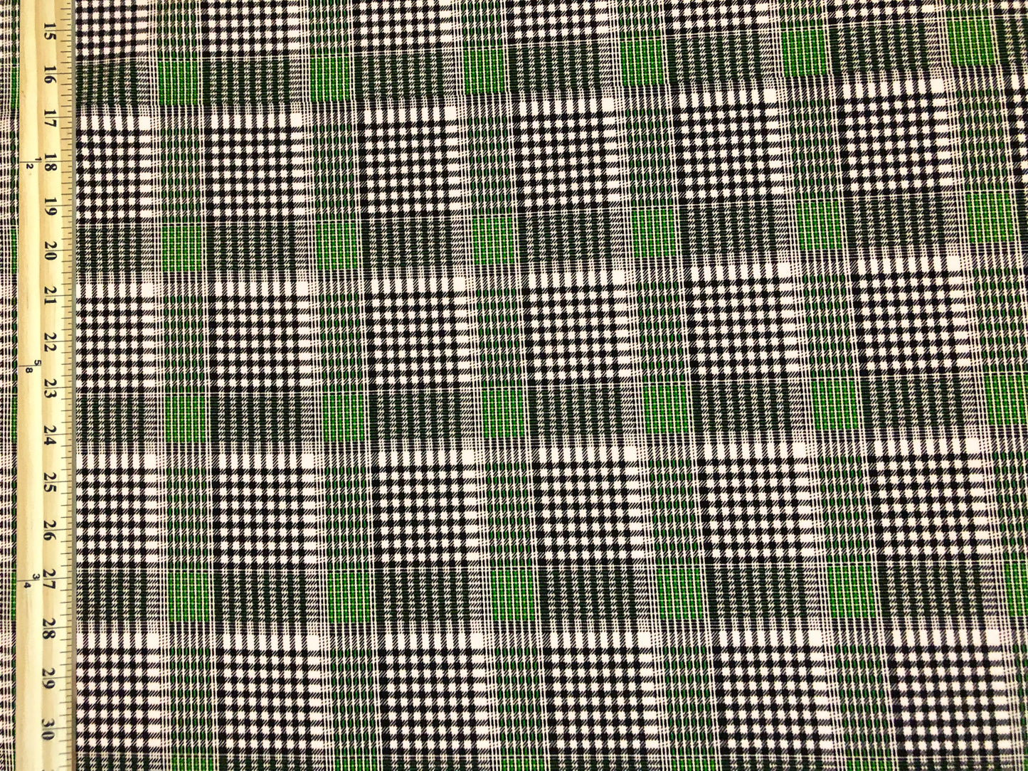 Techno Crepe Knit Fabric – Green & Black Micro Tartan Plaid | 4-Way Stretch,240 GSM, 58" Wide, Double Knit – By the Yard (TCPR0118)