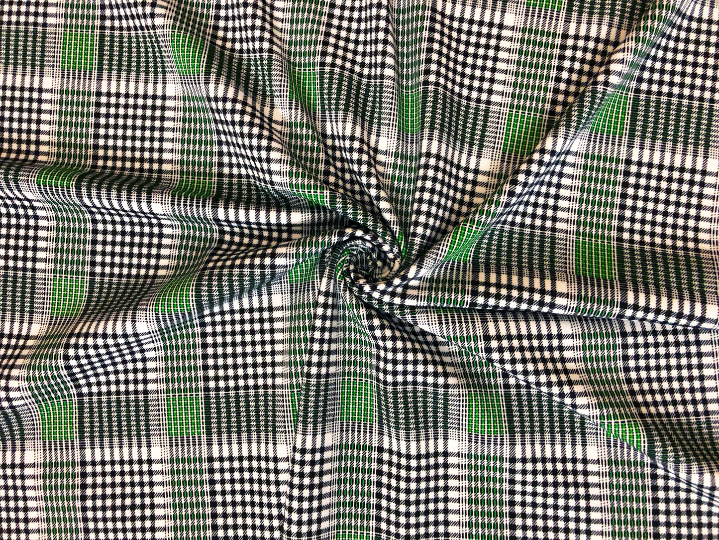 Techno Crepe Knit Fabric – Green & Black Micro Tartan Plaid | 4-Way Stretch,240 GSM, 58" Wide, Double Knit – By the Yard (TCPR0118)