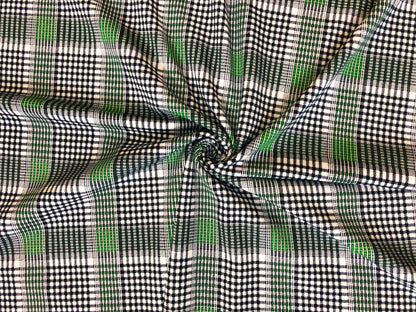 Techno Crepe Knit Fabric – Green & Black Micro Tartan Plaid | 4-Way Stretch,240 GSM, 58" Wide, Double Knit – By the Yard (TCPR0118)