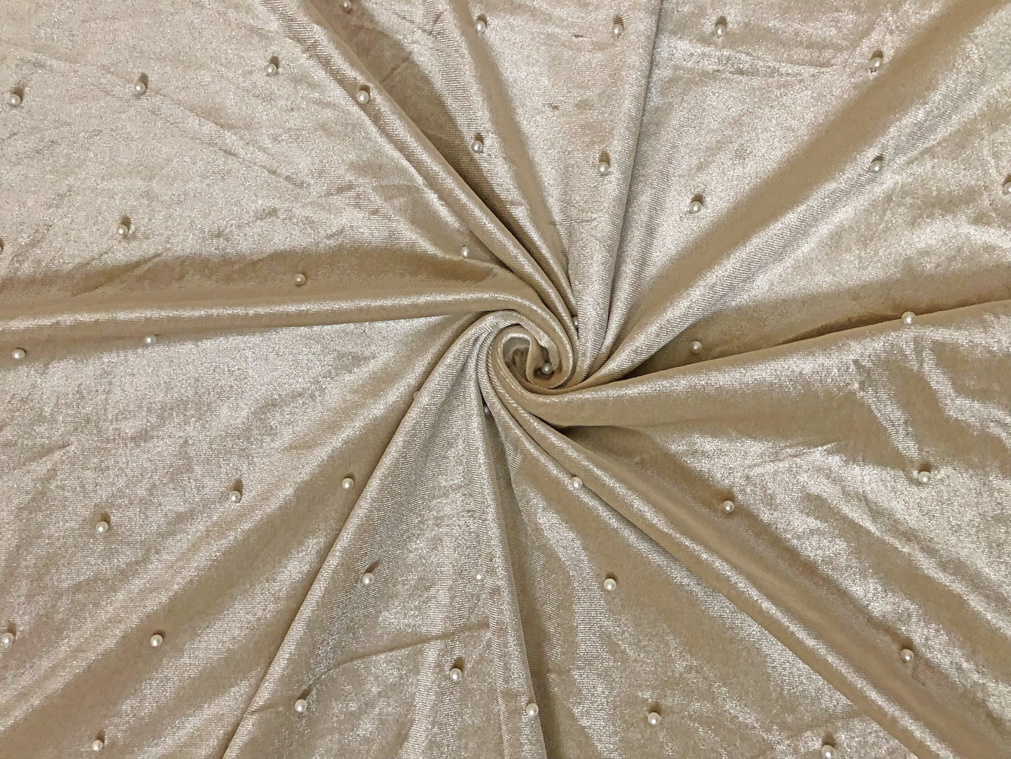 Premium Champagne Studded Velvet Fabric – Pearl Dots, Plush Drape, 2-Way Stretch, 58" Wide | Sold by the Yard (VPLC02)