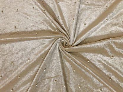 Premium Champagne Studded Velvet Fabric – Pearl Dots, Plush Drape, 2-Way Stretch, 58" Wide | Sold by the Yard (VPLC02)