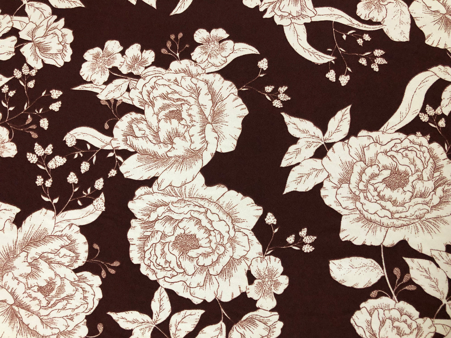 Techno Crepe Printed Fabric-Dark Brown Ivory Hand Drawn Flowers-TCRP021-Sold by the Yard