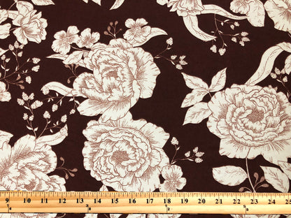 Techno Crepe Printed Fabric-Dark Brown Ivory Hand Drawn Flowers-TCRP021-Sold by the Yard