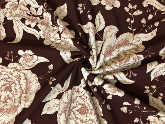 Techno Crepe Printed Fabric-Dark Brown Ivory Hand Drawn Flowers-TCRP021-Sold by the Yard