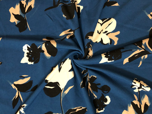 Techno Crepe Printed Fabric-Dark Blue Ivory Flowers-TCRP031-Sold by the Yard