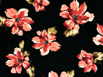 DTY Brushed Knit Fabric – Black Coral Watercolor Magnolia – Buttery Soft 4 Way Stretch, 58" Wide – By the Yard (DTYBPR547)