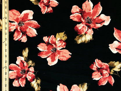 DTY Brushed Knit Fabric – Black Coral Watercolor Magnolia – Buttery Soft 4 Way Stretch, 58" Wide – By the Yard (DTYBPR547)