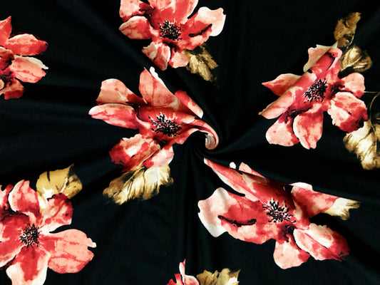 DTY Brushed Knit Fabric – Black Coral Watercolor Magnolia – Buttery Soft 4 Way Stretch, 58" Wide – By the Yard (DTYBPR547)