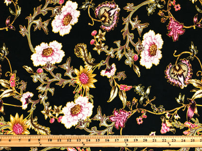 DTY Brushed Knit Fabric – Black Blush Wildflower Vine Buttery Soft 4 Way Stretch, 58" Wide – By the Yard (DTYBPR545)