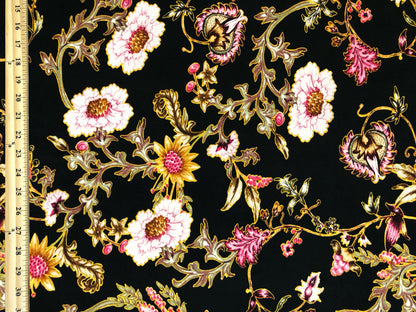 DTY Brushed Knit Fabric – Black Blush Wildflower Vine Buttery Soft 4 Way Stretch, 58" Wide – By the Yard (DTYBPR545)