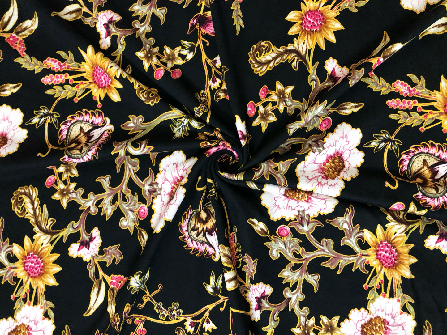 DTY Brushed Knit Fabric – Black Blush Wildflower Vine Buttery Soft 4 Way Stretch, 58" Wide – By the Yard (DTYBPR545)