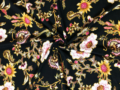 DTY Brushed Knit Fabric – Black Blush Wildflower Vine Buttery Soft 4 Way Stretch, 58" Wide – By the Yard (DTYBPR545)