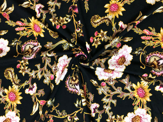 DTY Brushed Knit Fabric – Black Blush Wildflower Vine Buttery Soft 4 Way Stretch, 58" Wide – By the Yard (DTYBPR545)