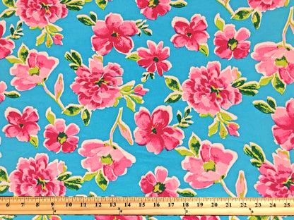 DTY Brushed Knit Fabric – Caribbean Rose Bouquet (Aqua Blue & Pink) – 4-Way Stretch, 180 GSM, 58" Wide – By the Yard (DTYBPR541)
