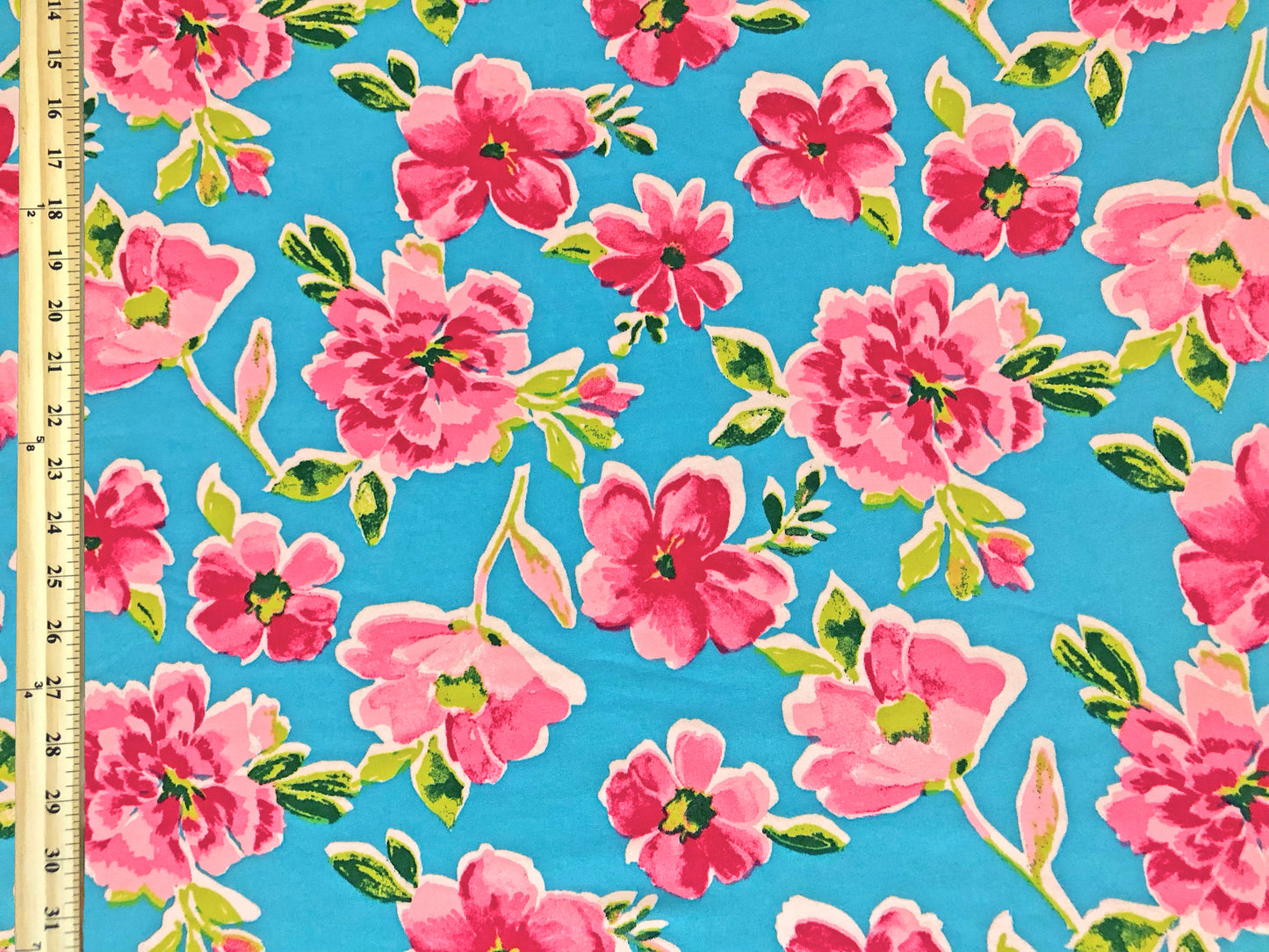 DTY Brushed Knit Fabric – Caribbean Rose Bouquet (Aqua Blue & Pink) – 4-Way Stretch, 180 GSM, 58" Wide – By the Yard (DTYBPR541)