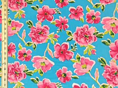 DTY Brushed Knit Fabric – Caribbean Rose Bouquet (Aqua Blue & Pink) – 4-Way Stretch, 180 GSM, 58" Wide – By the Yard (DTYBPR541)