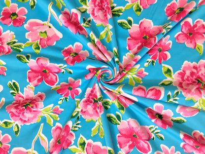 DTY Brushed Knit Fabric – Caribbean Rose Bouquet (Aqua Blue & Pink) – 4-Way Stretch, 180 GSM, 58" Wide – By the Yard (DTYBPR541)