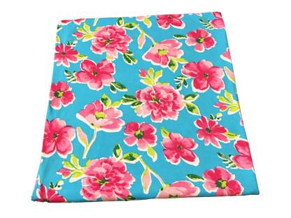 DTY Brushed Knit Fabric – Caribbean Rose Bouquet (Aqua Blue & Pink) – 4-Way Stretch, 180 GSM, 58" Wide – By the Yard (DTYBPR541)