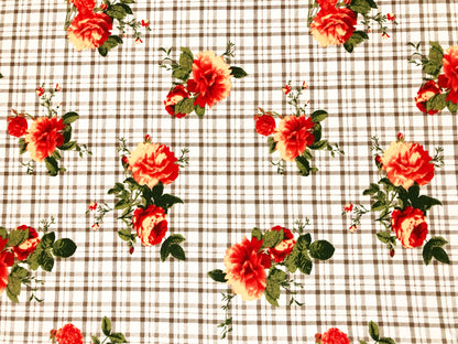 DTY Brushed Knit Fabric – Ivory Taupe Cottage Rose Plaid – Buttery Soft 4 Way Stretch, 58" Wide – By the Yard (DTYBPR548)