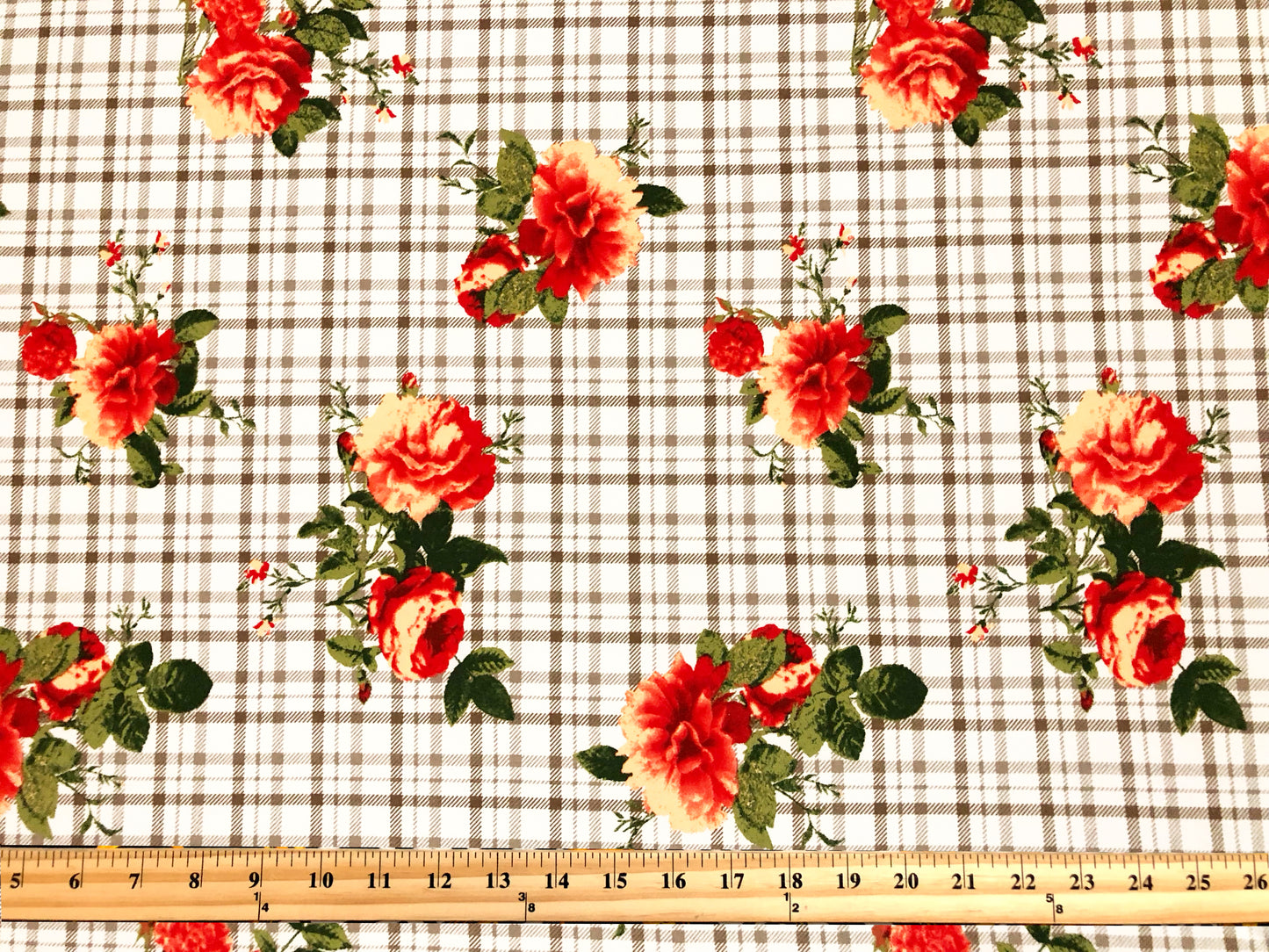 DTY Brushed Knit Fabric – Ivory Taupe Cottage Rose Plaid – Buttery Soft 4 Way Stretch, 58" Wide – By the Yard (DTYBPR548)