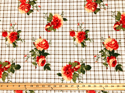 DTY Brushed Knit Fabric – Ivory Taupe Cottage Rose Plaid – Buttery Soft 4 Way Stretch, 58" Wide – By the Yard (DTYBPR548)