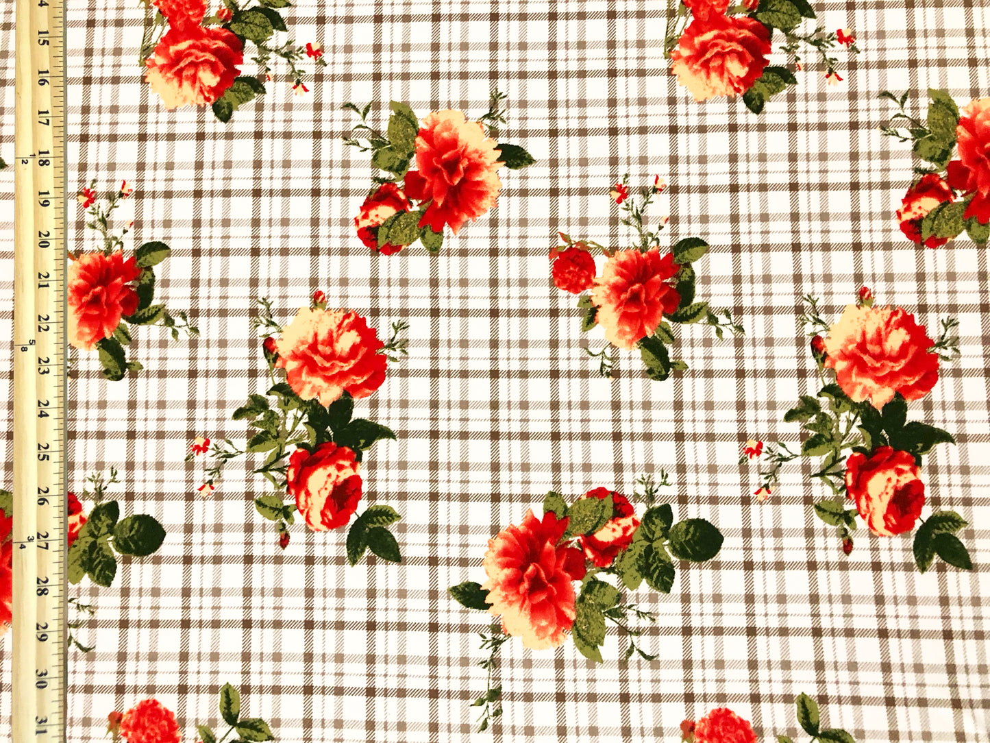 DTY Brushed Knit Fabric – Ivory Taupe Cottage Rose Plaid – Buttery Soft 4 Way Stretch, 58" Wide – By the Yard (DTYBPR548)