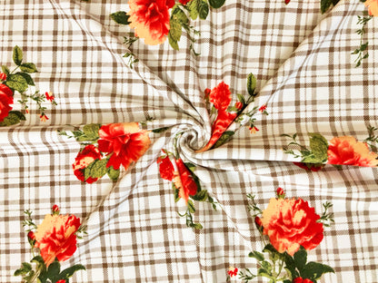 DTY Brushed Knit Fabric – Ivory Taupe Cottage Rose Plaid – Buttery Soft 4 Way Stretch, 58" Wide – By the Yard (DTYBPR548)