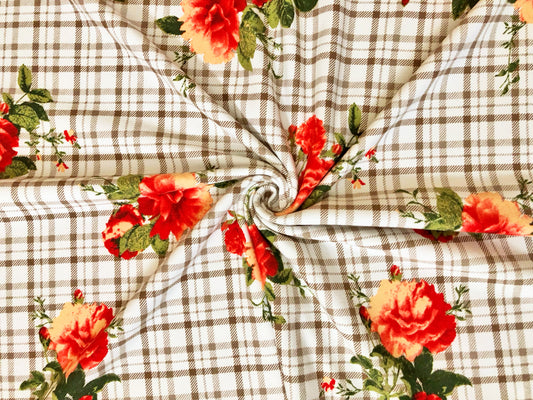 DTY Brushed Knit Fabric – Ivory Taupe Cottage Rose Plaid – Buttery Soft 4 Way Stretch, 58" Wide – By the Yard (DTYBPR548)