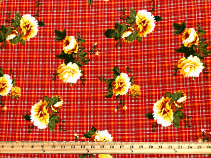 DTY Brushed Knit Fabric – Red Orange Harvest Rose Plaid – Buttery Soft 4 Way Stretch, 58" Wide – By the Yard (DTYBPR549)