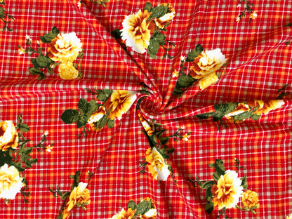 DTY Brushed Knit Fabric – Red Orange Harvest Rose Plaid – Buttery Soft 4 Way Stretch, 58" Wide – By the Yard (DTYBPR549)