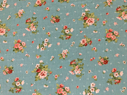 Rayon Gauze Swiss Dot Printed Fabric-Sage Green Pink Roses Bouquet-RGzPR0013-Sold by the Yard