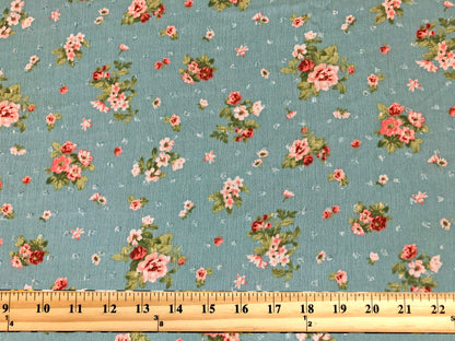 Rayon Gauze Swiss Dot Printed Fabric-Sage Green Pink Roses Bouquet-RGzPR0013-Sold by the Yard