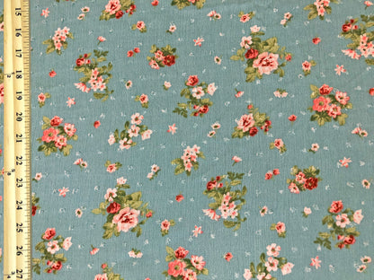 Rayon Gauze Swiss Dot Printed Fabric-Sage Green Pink Roses Bouquet-RGzPR0013-Sold by the Yard