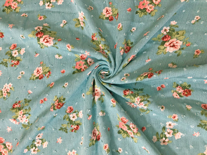 Rayon Gauze Swiss Dot Printed Fabric-Sage Green Pink Roses Bouquet-RGzPR0013-Sold by the Yard