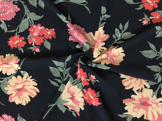 Black Chiffon with Butter-Yellow, Coral & Blush Florals — Sheer, 52" Wide, No Stretch — By the Yard (CFPR010)
