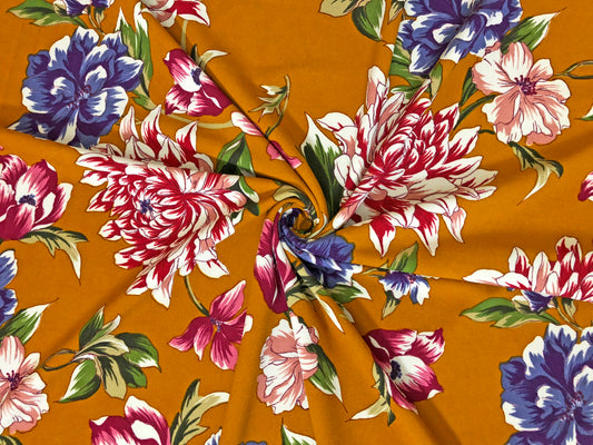 Techno Crepe Printed Fabric| Gold Red Purple Flowers |TCRP0116 |Sold by the Yard