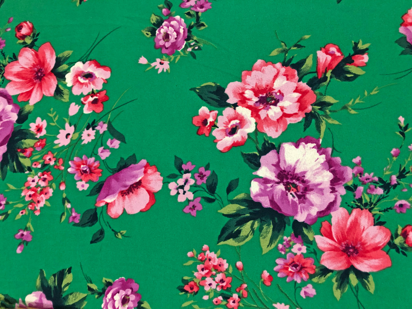 Green Purple Red Pink Flowers Techno Crepe Print Fabric