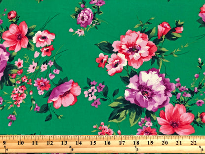 Green Purple Red Pink Flowers Techno Crepe Print Fabric