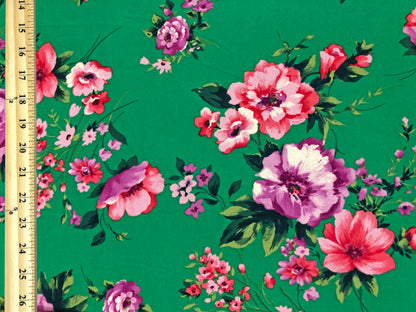 Green Purple Red Pink Flowers Techno Crepe Print Fabric