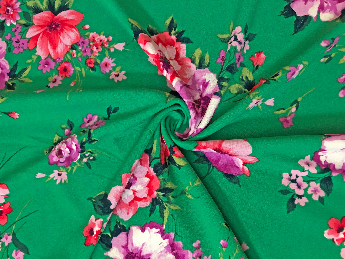 Green Purple Red Pink Flowers Techno Crepe Print Fabric